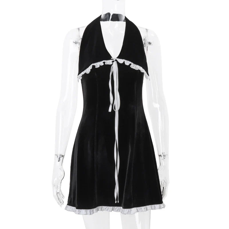 Black Velvet Large Charming Collar Halter Mini Dress