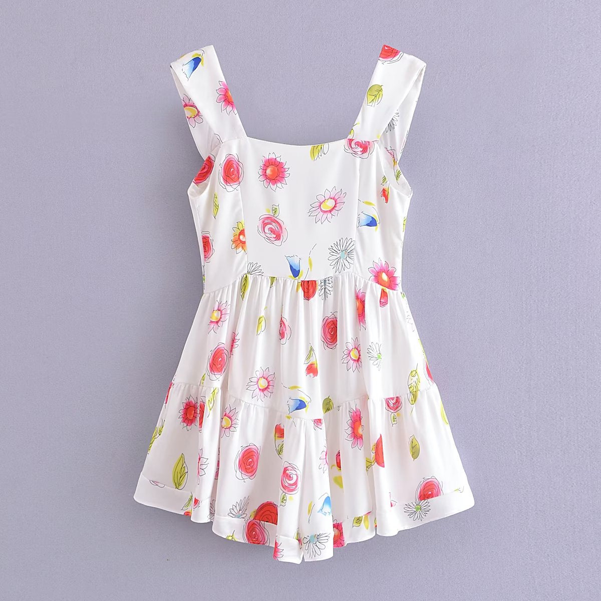 White Flower Print Charming Short Sleeve Mini Dress