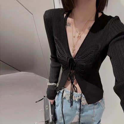 Butterfly hook flower straps sexy cardigan women's tops autumn short Slim y2k style long-sleeved hollow butterfly knitted shirt