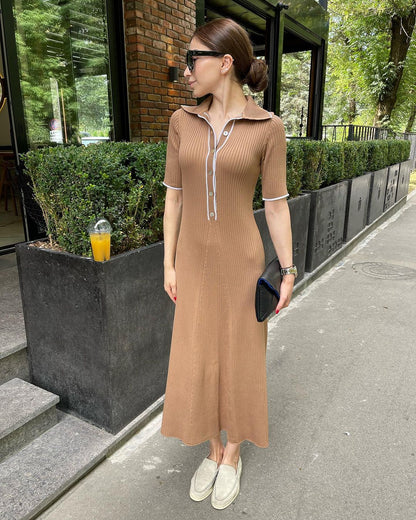 Knit Short Sleeve Charming Collar Maxi Dress