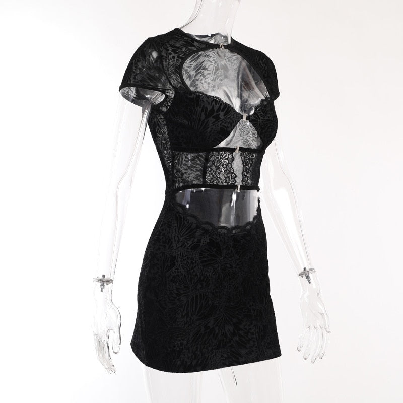 Black Lace Sheer Front Cut Trendy Out Design Short Sleeve Mini Dress