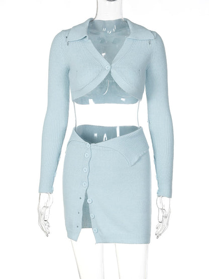 Blue Ribbed Buttoned Long Sleeve Trendy Crop Top And Mini Skirt Set