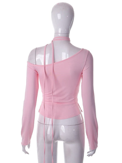 Pink Long Sleeve Charming Strap Tie Around Top