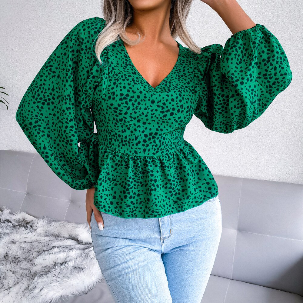 BerriesJam - Casual Lantern Sleeve Leopard Print Chiffon Blouse