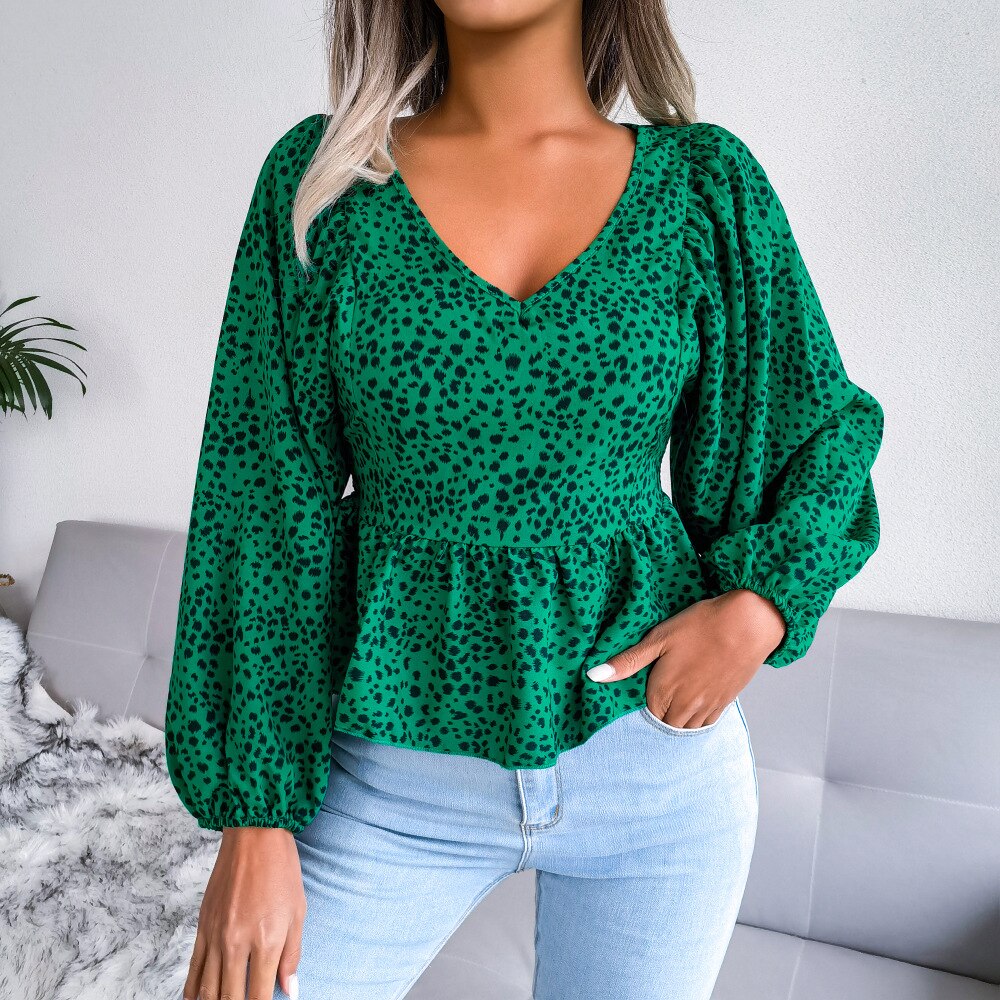 BerriesJam - Casual Lantern Sleeve Leopard Print Chiffon Blouse