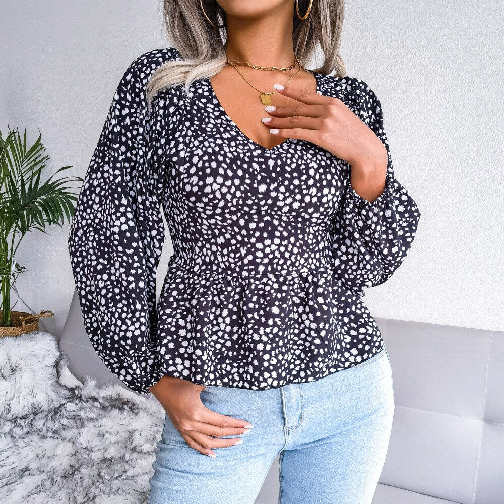 BerriesJam - Casual Lantern Sleeve Leopard Print Chiffon Blouse