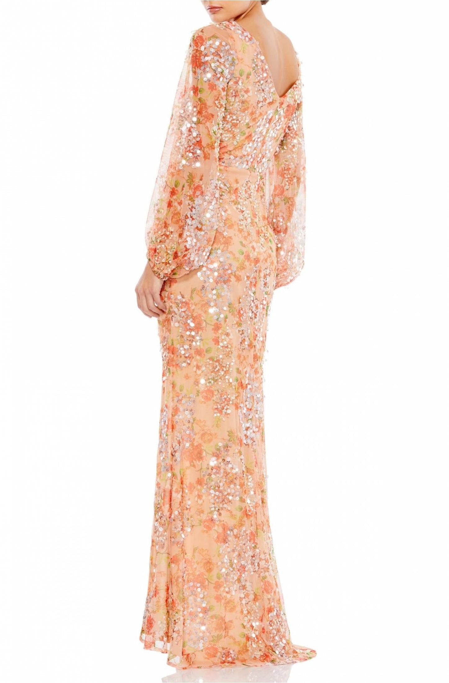 Apricot Sequined Stylish Floral Print Gown