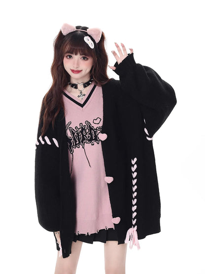 Heart Buttons Ribbion Charming Lace Up Cardigan