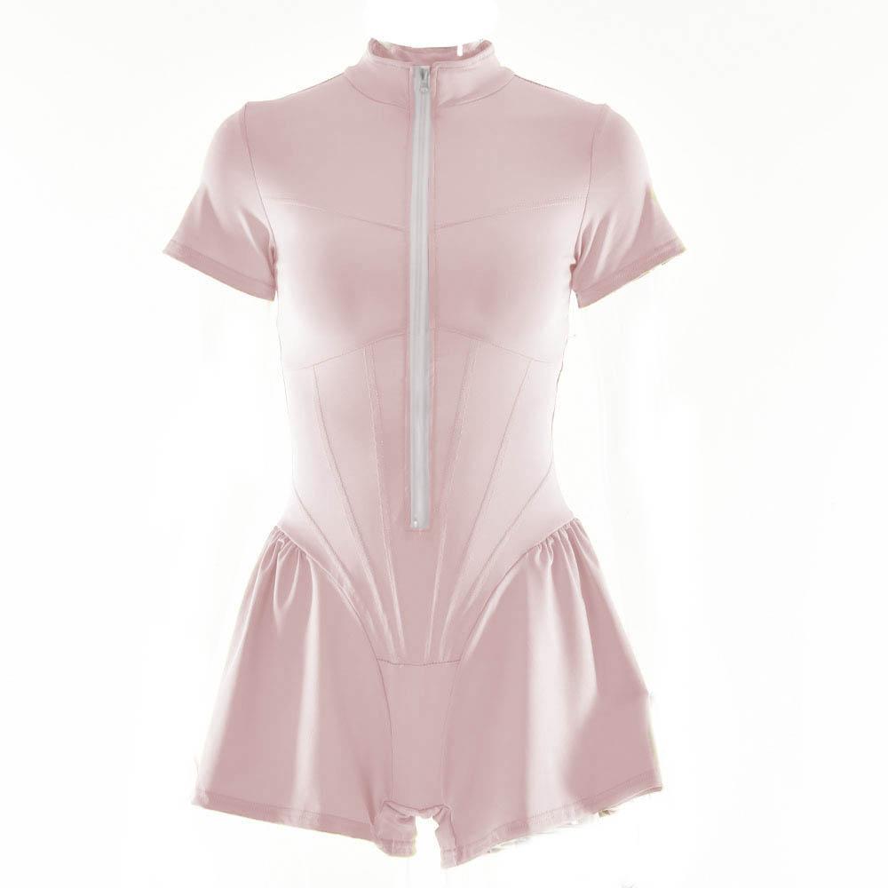 BerriesJam - Short Sleeve Zip-Up High Neck Contrast Romper