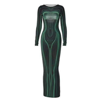 BerriesJam - Sleeve Round Neck Contrast Abstract Body Print Maxi Dress