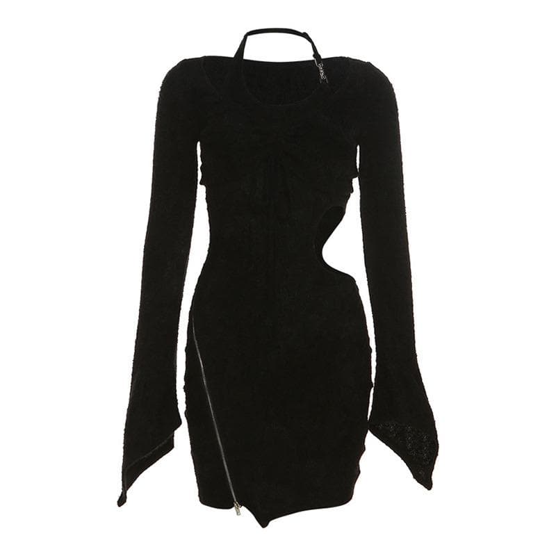 BerriesJam - Zip-Up Drawstring Hollow Out Halter Long Sleeve 2 Piece Cut Out Mini Dress