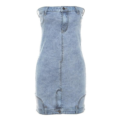 BerriesJam - Button Backless Denim Tube Mini Dress