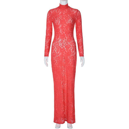 BerriesJam - Sleeve High Neck See Through Lace Maxi Dress