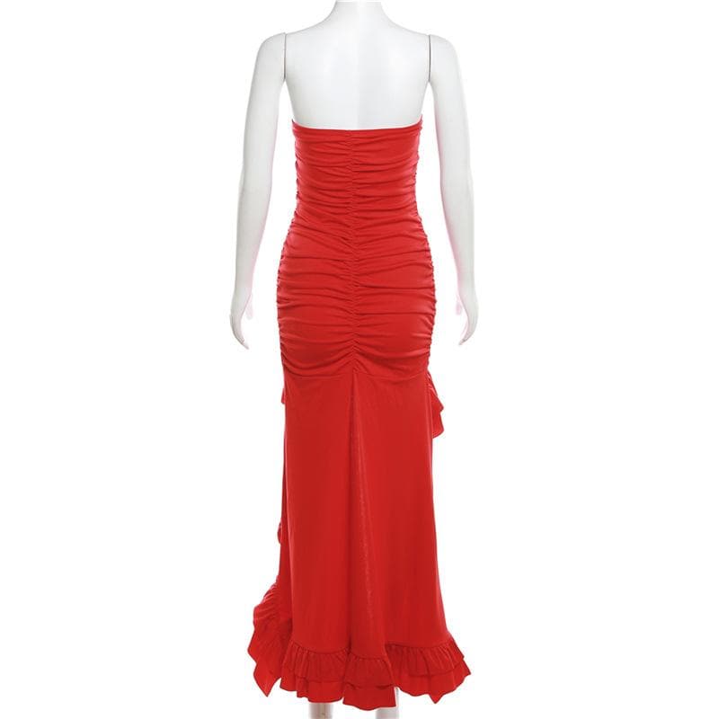 BerriesJam - Ruched Solid Backless Tube Maxi Dress