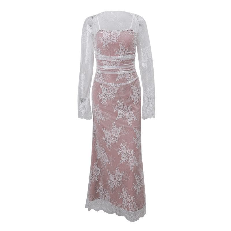 BerriesJam - Sleeve Lace Ruched Shrug Lace Up 2 Piece Midi Dress