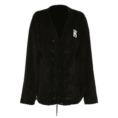 BerriesJam - Embroidery Long Sleeve Lace Up Self Tie Coat