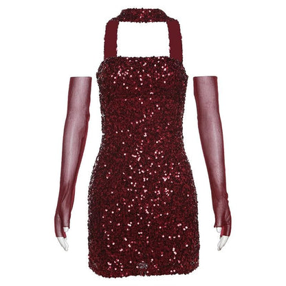 BerriesJam - Glitter Gloves Mesh Backless Mini Dress