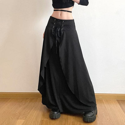 BerriesJam - Lace Up Patchwork Zip-Up Low Rise Maxi Skirt