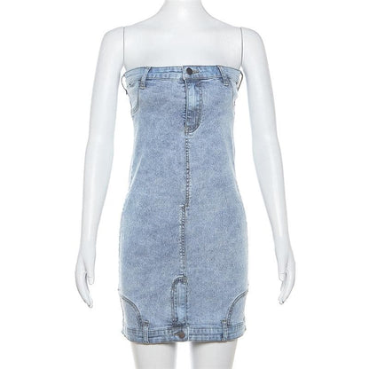 BerriesJam - Button Backless Denim Tube Mini Dress