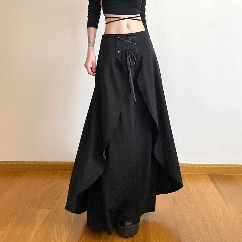 BerriesJam - Lace Up Patchwork Zip-Up Low Rise Maxi Skirt