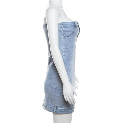 BerriesJam - Button Backless Denim Tube Mini Dress