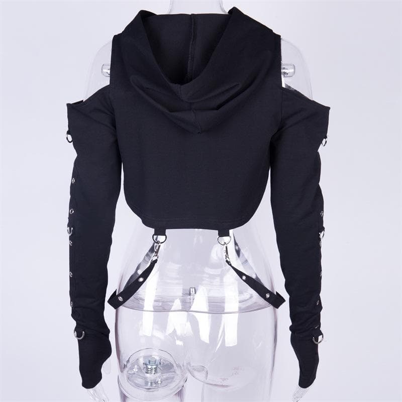 BerriesJam - Hoodie Off Shoulder Buckle Long Sleeve Gloves Crop Top