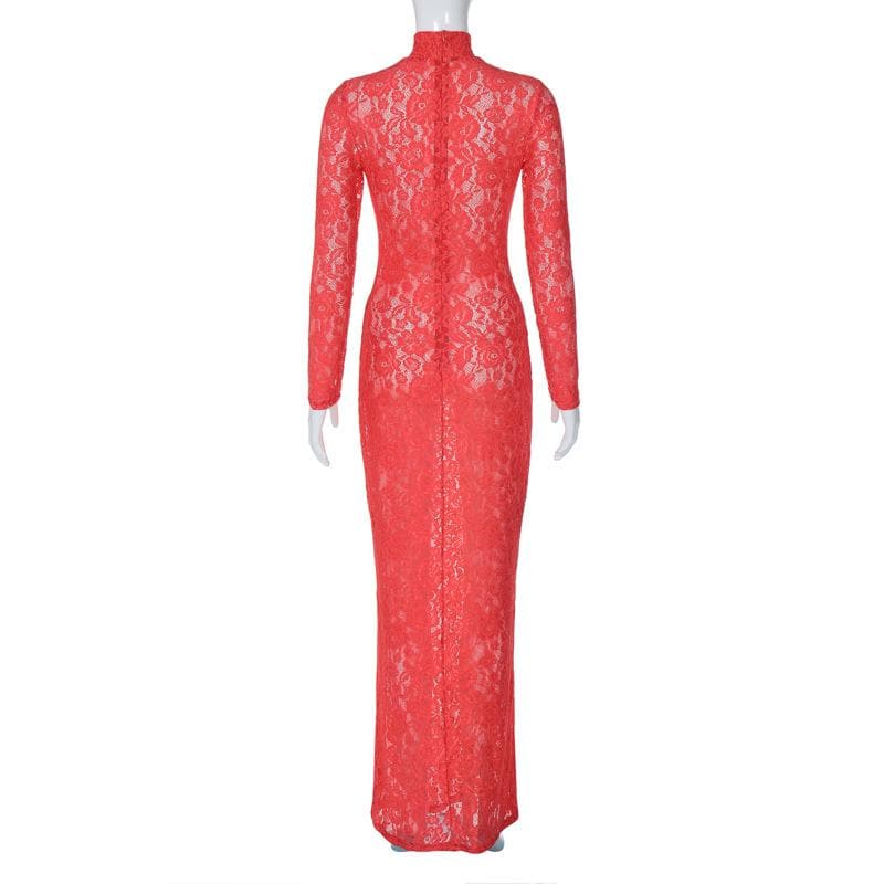 BerriesJam - Sleeve High Neck See Through Lace Maxi Dress