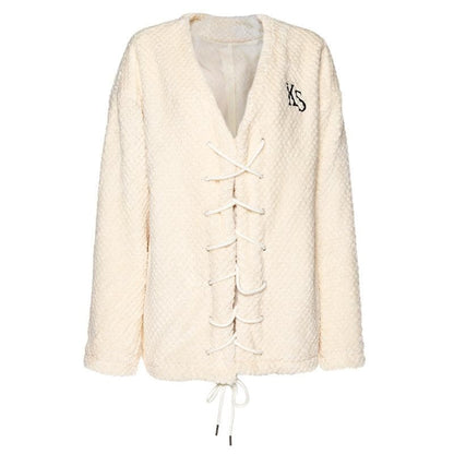 BerriesJam - Embroidery Long Sleeve Lace Up Self Tie Coat