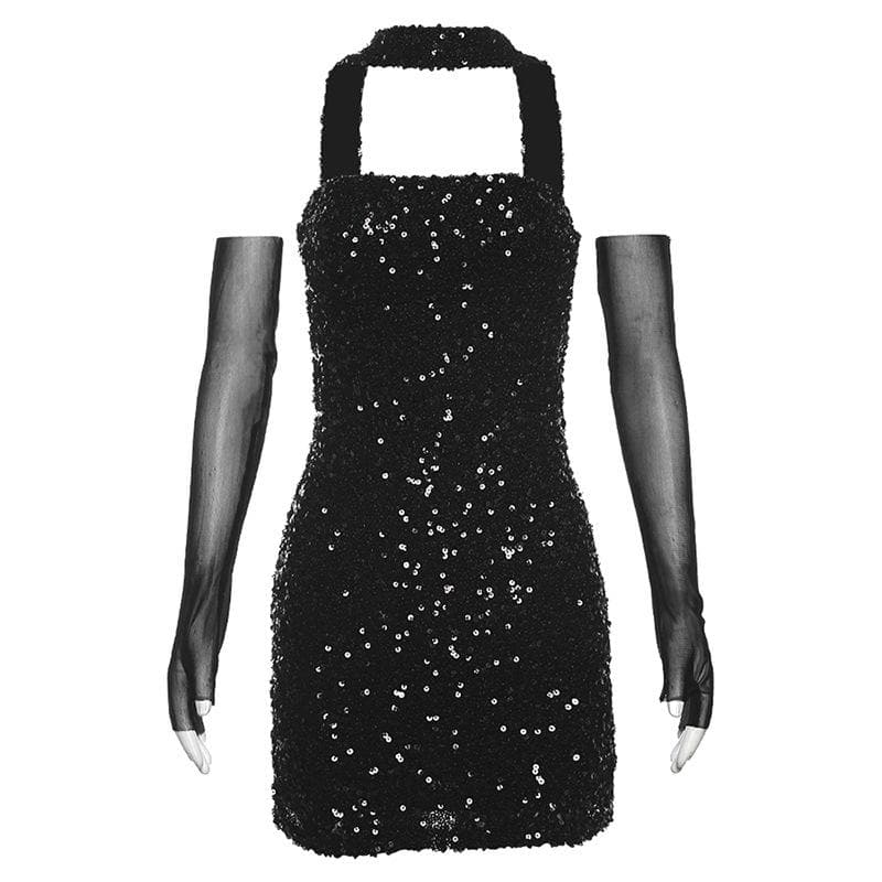 BerriesJam - Glitter Gloves Mesh Backless Mini Dress