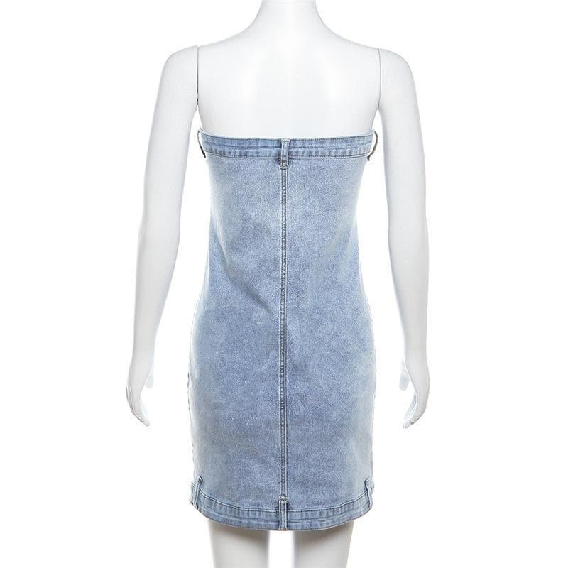 BerriesJam - Button Backless Denim Tube Mini Dress