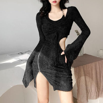 BerriesJam - Zip-Up Drawstring Hollow Out Halter Long Sleeve 2 Piece Cut Out Mini Dress