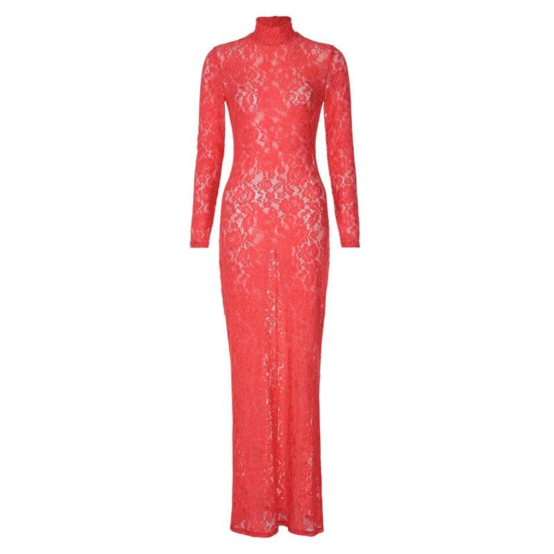 BerriesJam - Sleeve High Neck See Through Lace Maxi Dress