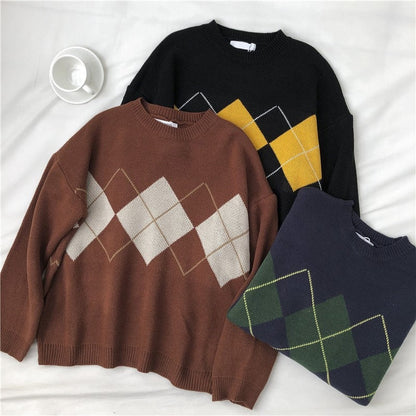 Knitted Sweater Women Argyle Oversize Sweaters Korean Pullovers Ladies Winter Loose Sweaters Female Casual Jumper Ropa De Mujer