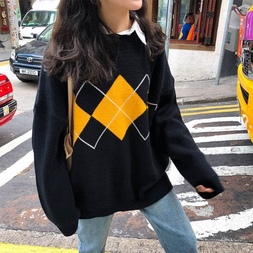 Knitted Sweater Women Argyle Oversize Sweaters Korean Pullovers Ladies Winter Loose Sweaters Female Casual Jumper Ropa De Mujer