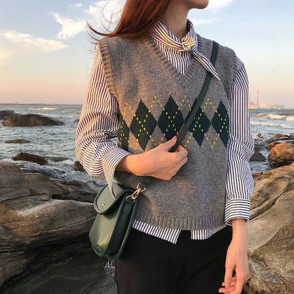 Knitted Sweater Women Argyle Oversize Sweaters Korean Pullovers Ladies Winter Loose Sweaters Female Casual Jumper Ropa De Mujer