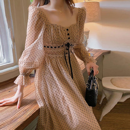 French Vintage Midi Dress Women Puffer Sleeve Square Collor Office Elegant Dress Female Spring Dot One Piece Dress Korean