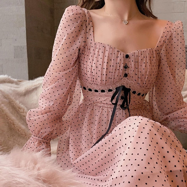 French Vintage Midi Dress Women Puffer Sleeve Square Collor Office Elegant Dress Female Spring Dot One Piece Dress Korean