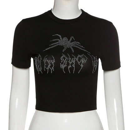 Punk Vintage Rhinestone Spider Graphic Black T-Shirts Mall Goth Y2K O-Neck Short Sleeve Crop Tops E-Girl Aesthetics Tees