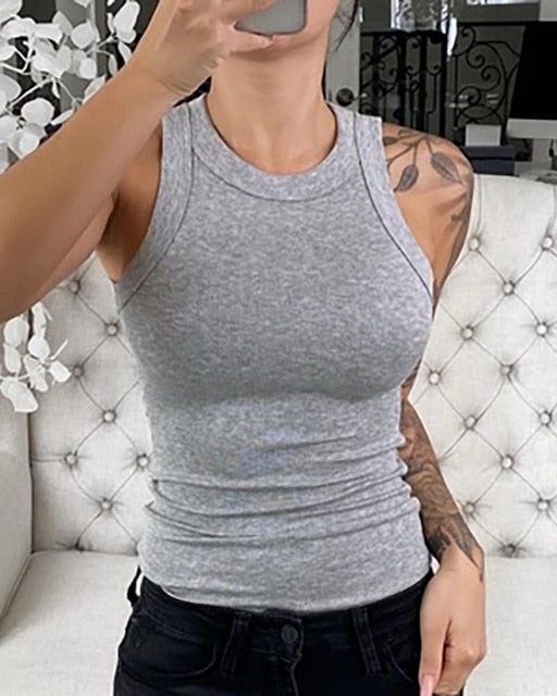 Ribbed Women Tank Top Plus Size Elastic Sexy Summer Tank Tops Solid O Neck Off Shouled Casual White Tank Tops