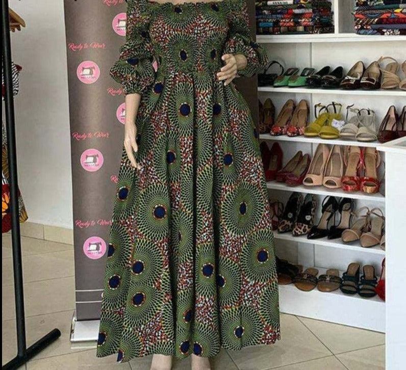 African Dresses for Women Fashion Floral Print Slash Neck Three Quarter Sleeve Maxi Dress High Waist Vintage Long Dress Autumn