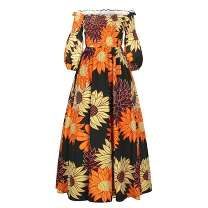 African Dresses for Women Fashion Floral Print Slash Neck Three Quarter Sleeve Maxi Dress High Waist Vintage Long Dress Autumn