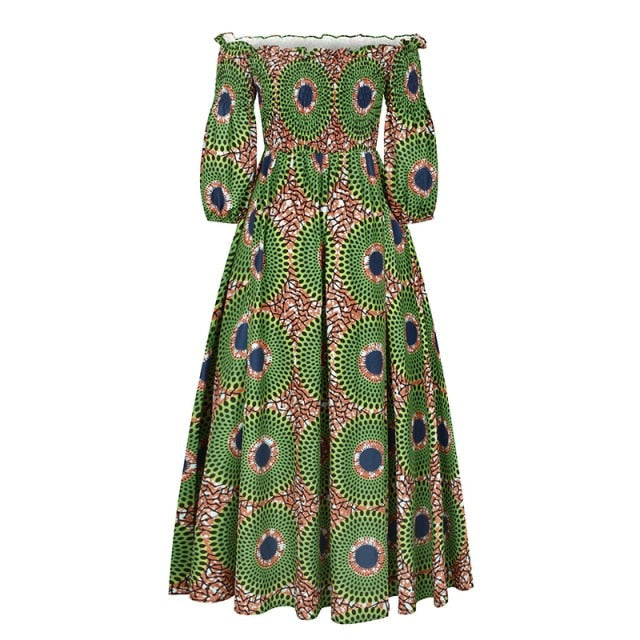 African Dresses for Women Fashion Floral Print Slash Neck Three Quarter Sleeve Maxi Dress High Waist Vintage Long Dress Autumn