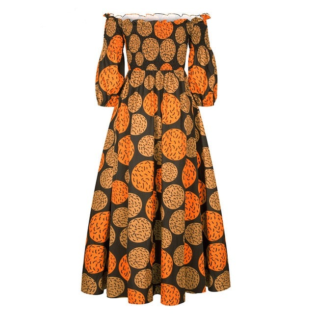 African Dresses for Women Fashion Floral Print Slash Neck Three Quarter Sleeve Maxi Dress High Waist Vintage Long Dress Autumn