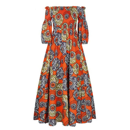 African Dresses for Women Fashion Floral Print Slash Neck Three Quarter Sleeve Maxi Dress High Waist Vintage Long Dress Autumn