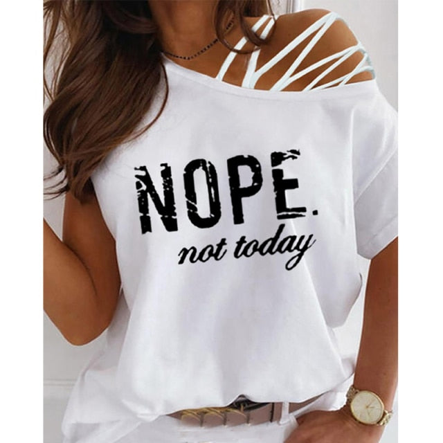 New Summer Off Shoulder Casual Short Sleeved T Shirts Women's Sexy Letter Printed Oversize Plus Size Fashion Clothes Tops