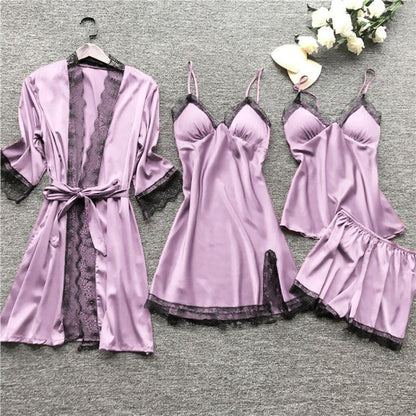 4 Pieces Women Pajamas Sets Satin Sleepwear Silk Nightwear Pyjama Soild Strap Lace Sleep Lounge Pijama With Chest Pads