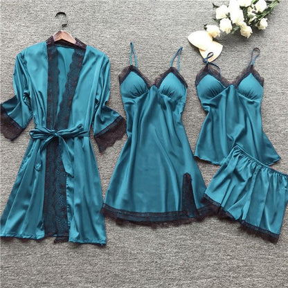 4 Pieces Women Pajamas Sets Satin Sleepwear Silk Nightwear Pyjama Soild Strap Lace Sleep Lounge Pijama With Chest Pads