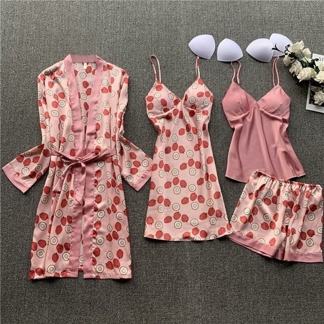 4 Pieces Women Pajamas Sets Satin Sleepwear Silk Nightwear Pyjama Soild Strap Lace Sleep Lounge Pijama With Chest Pads