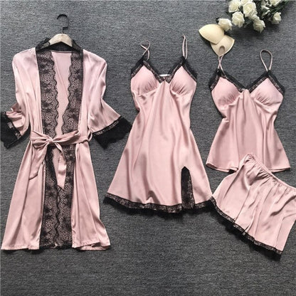 4 Pieces Women Pajamas Sets Satin Sleepwear Silk Nightwear Pyjama Soild Strap Lace Sleep Lounge Pijama With Chest Pads