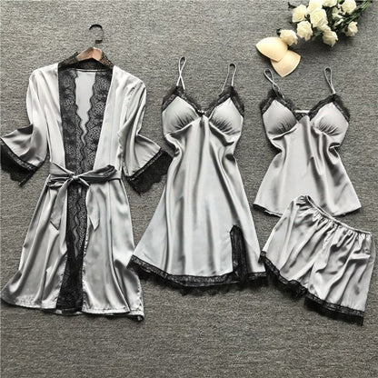 4 Pieces Women Pajamas Sets Satin Sleepwear Silk Nightwear Pyjama Soild Strap Lace Sleep Lounge Pijama With Chest Pads